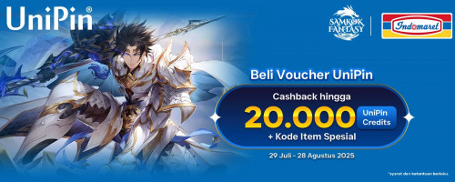 Beli Voucher UniPin di Indomaret, Dapat Cashback hingga 20.000 UniPin Credits + Kode Item Spesial dari Samkok Fantasy!